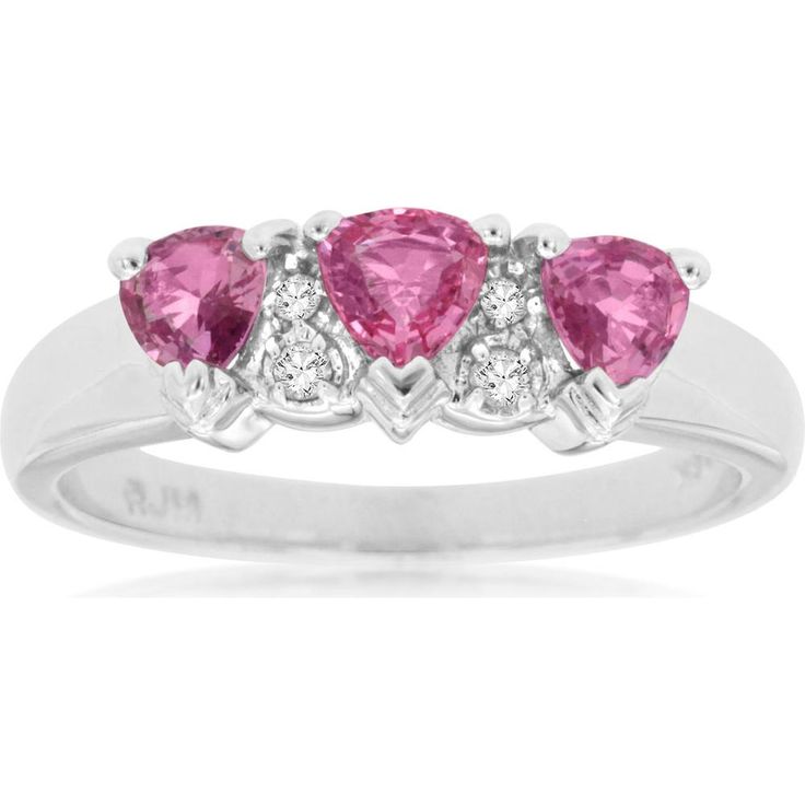 Royal 14K White Gold Pink Sapphire & Diamond Three Stone Ring - 1.00 Carat Sapphire, 0.05 Carat Diamond Total Weight Pink 14k White Gold Jewelry With Center Stone, Pink Diamond Ruby Ring With Brilliant Cut, Pink Ruby Ring With Brilliant Cut Diamond, Pink Ruby Ring With Cubic Zirconia For Formal Occasions, Pink Sterling Silver Diamond Ring With Accent Stones, Fine Jewelry Pink Round Cut Diamond Ring, Pink Round Cut Diamond Ring, Luxury Pink Diamond Ring In Sterling Silver, Luxury Pink Sterling Silver Diamond Ring