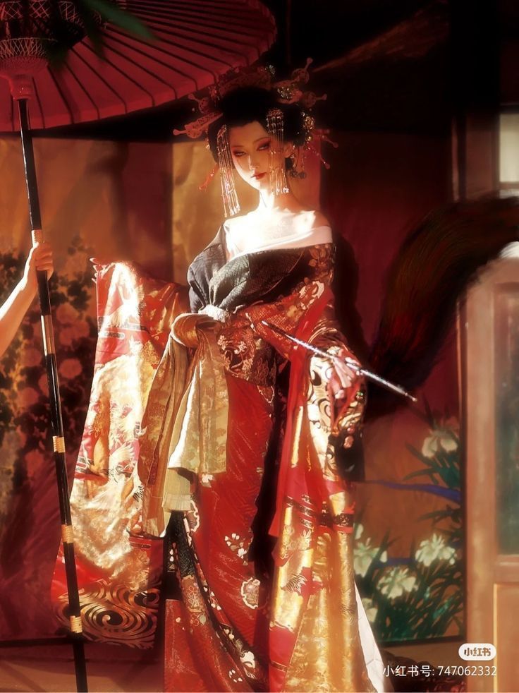 two women dressed in traditional japanese clothing and holding umbrellas, one woman is looking at the other