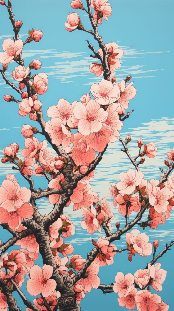 a painting of pink flowers on a tree with blue sky in the backround