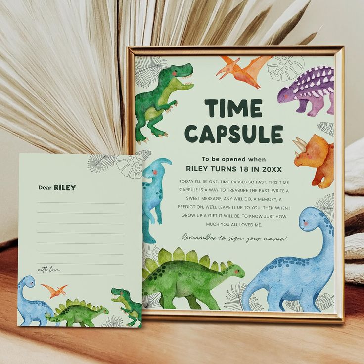 there is a postcard with an image of dinosaurs on it and the words time capsule