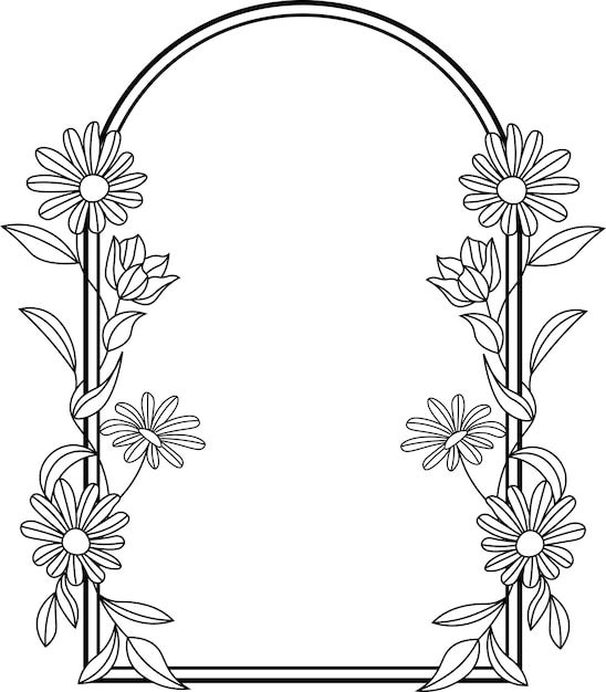 an oval frame with flowers and leaves on the edges is outlined in black and white