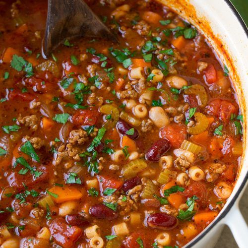 a large pot filled with chili and beans