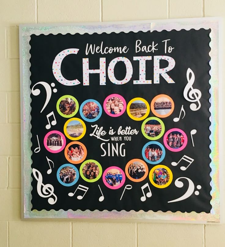 a welcome back to choir sign hanging on a wall with music notes and musical symbols