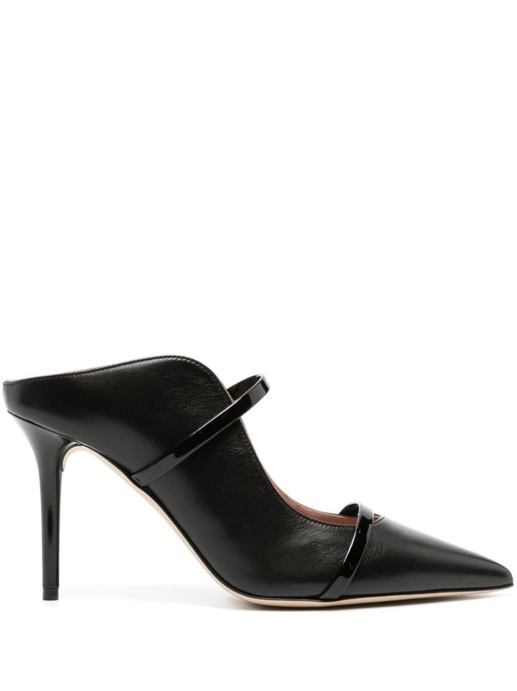 black calf leather crossover strap detail pointed toe branded leather insole leather outsole 85mm stiletto heel Malone Souliers Maureen, Malone Souliers, Chanel 2, Loafer Mules, Leather Mules, Boots And Sneakers, Flat Boots, Ballet Flat Shoes, Pump Sandals