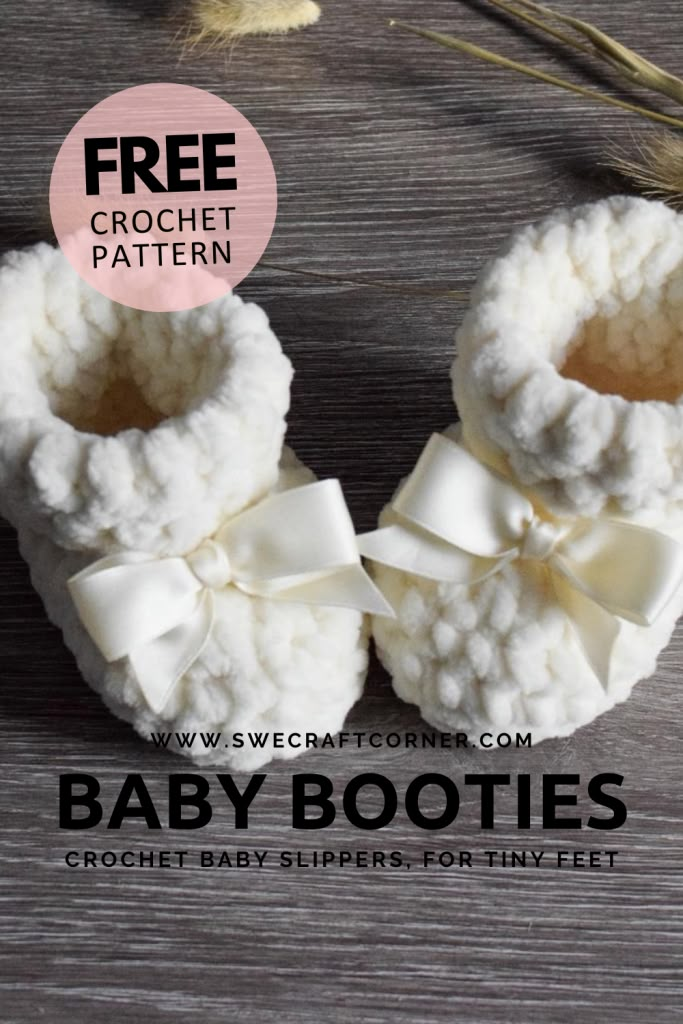 a pair of baby booties with the text free crochet pattern