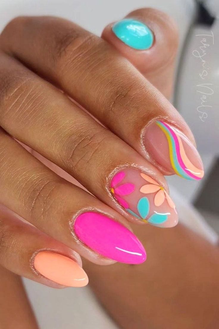 Neon Nails June Nail Designs 2024, Vibrant Nails Summer 2024, Bright Summer Nails 2024, June Summer Nails, Cute Summer Nails 2024 Simple, June 2024 Nails, Genre Nails, Tropical Nail Designs Beach Vacations, Bright Color Nail Designs