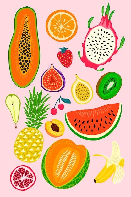 a bunch of different types of fruit on a pink background, including bananas, pineapples, oranges and watermelon