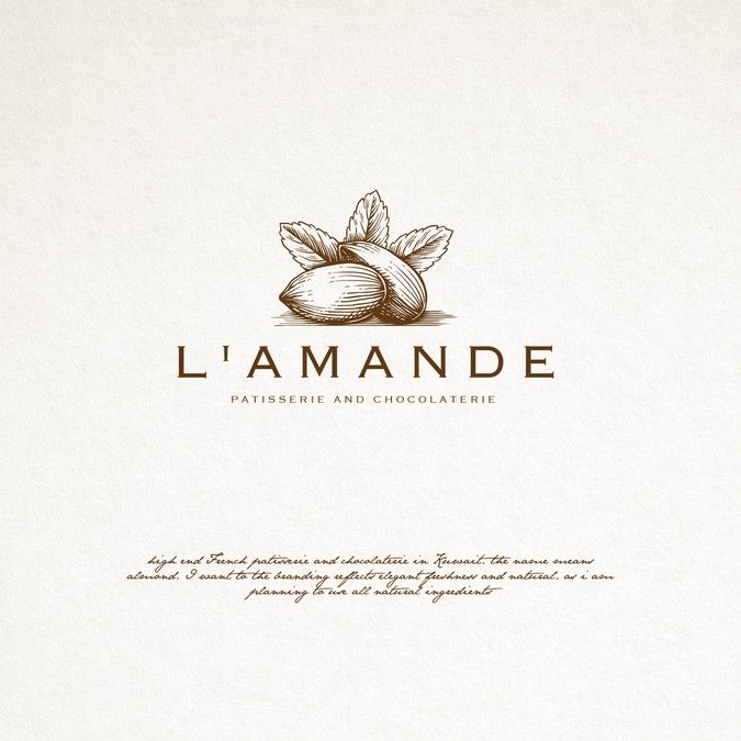 the logo for l'amandee is shown in brown and white, with leaves on