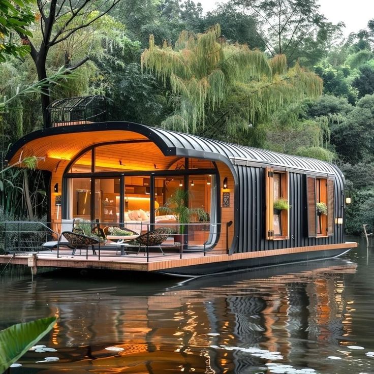 a house boat floating on top of a lake