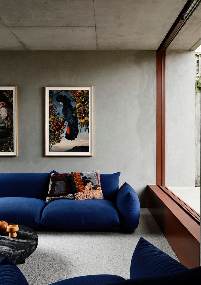 a living room with blue couches and pictures on the wall