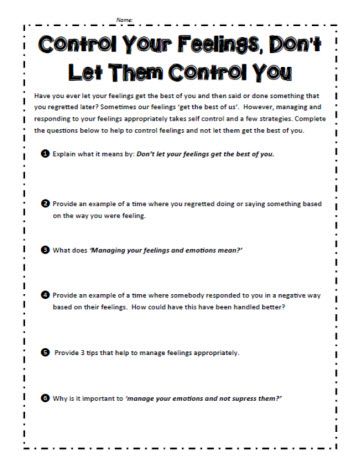 Feeling Worksheet Control Worksheet, Self Control Worksheet, Processing Emotions Worksheet, Managing Emotions Worksheets, Self Control Worksheets For Kids, Inner Critic Worksheet, I Feel Statements Worksheet, Controlling Emotions Worksheets, Emotions Worksheet