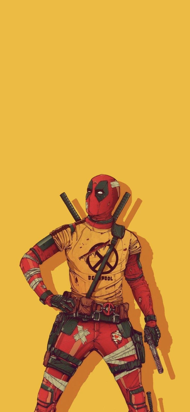 a man in red and yellow is holding two baseball bats on his shoulders while wearing a deadpool costume