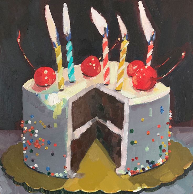 a painting of a birthday cake with candles and cherries on it, in front of a black background