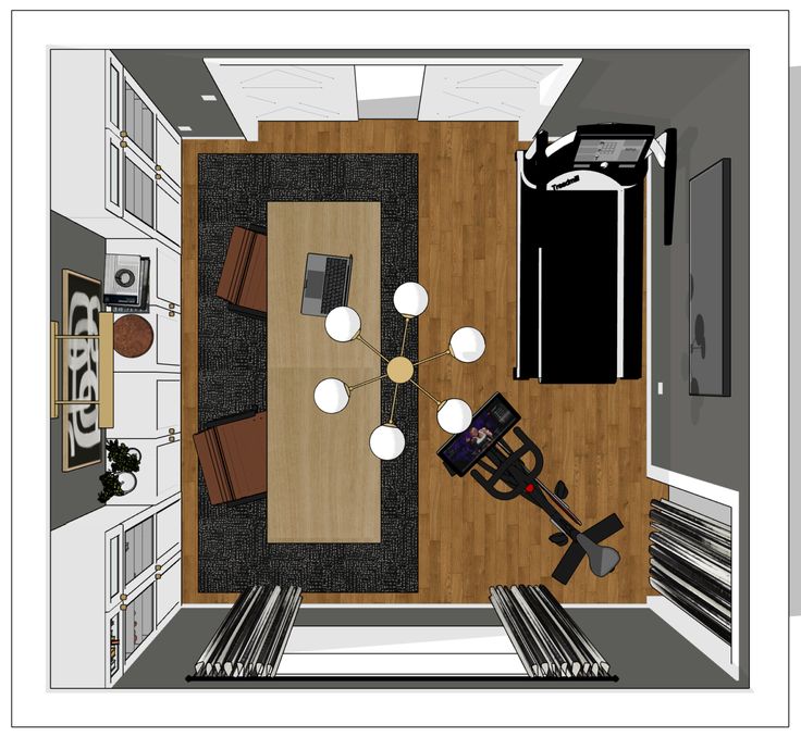 an overhead view of a living room and dining room from the top down to the kitchen