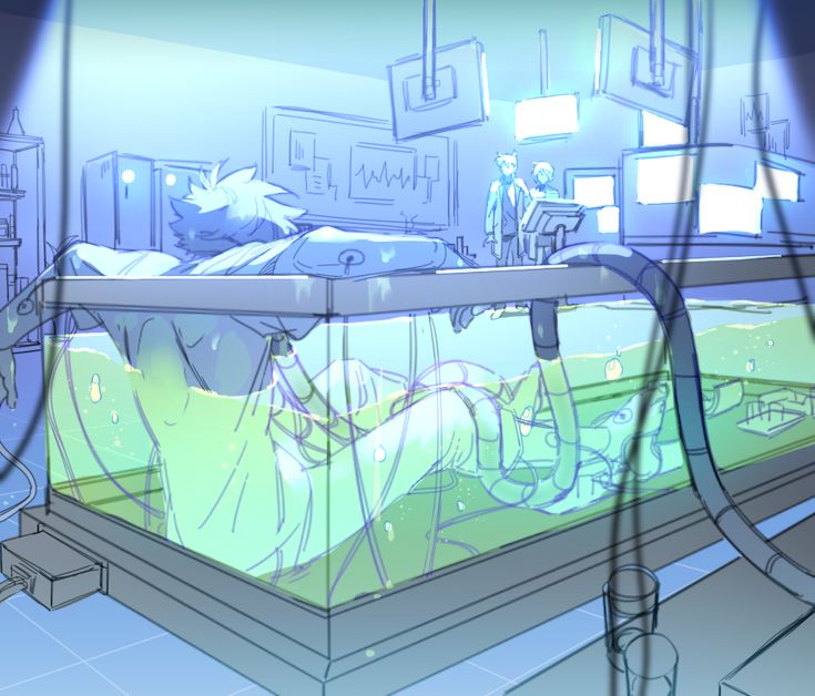 a drawing of a hospital room with an oxygen tube in the foreground and medical equipment on the other side