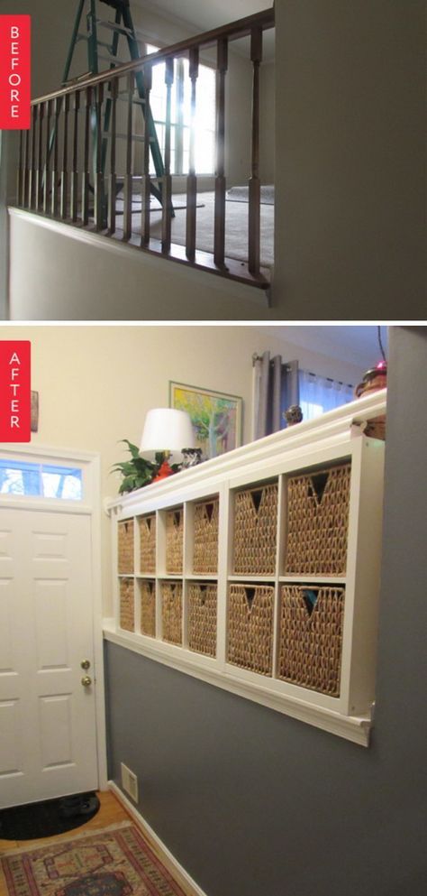 before and after photos of a hallway with storage baskets on the wall next to an open door