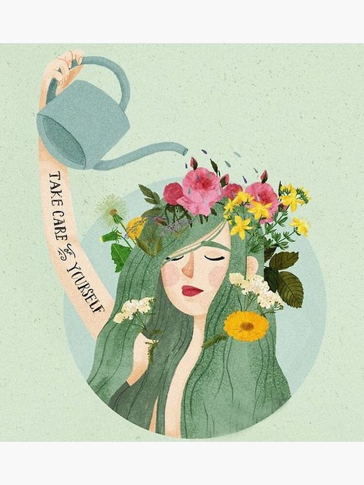 a woman holding a watering can with flowers on her head and the words take care of your hair