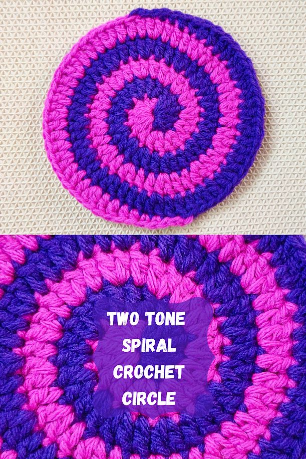 two crochet circles with the words, two tone spiral crochet circle