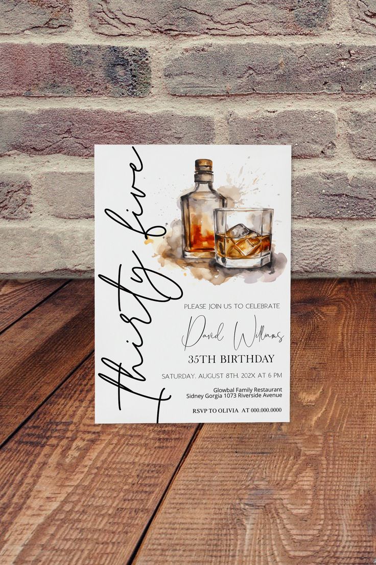 a birthday party card with an image of two bottles of whiskey on top of it