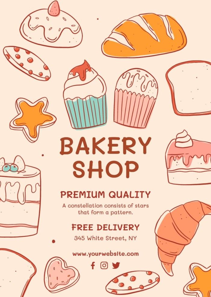 the bakery shop flyer is designed to look like it has different types of cakes and pastries