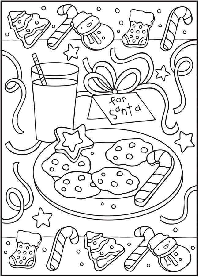 a coloring page with christmas food and candy on the table, including an image of a present