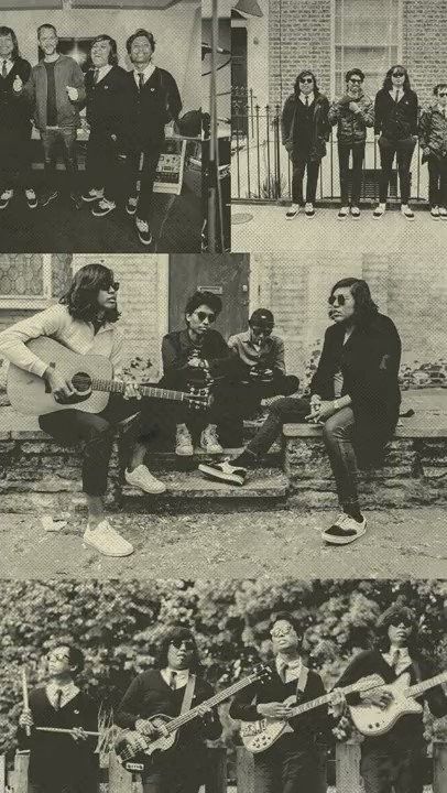 an old black and white photo shows people playing guitars in front of a building with children