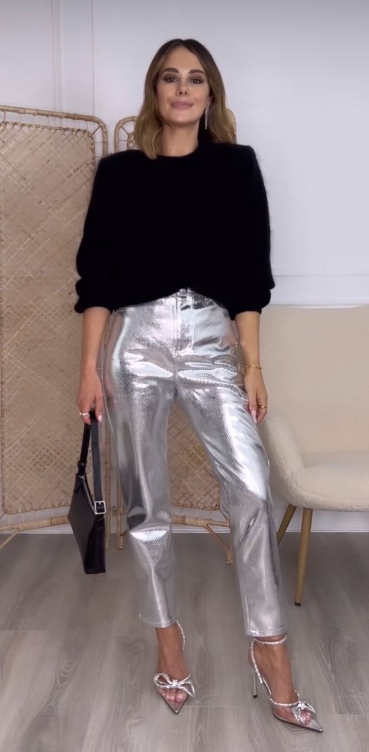 Jean Nye Outfit, Metallic Nye Outfit, Silver Pants Christmas Outfit, Silver Metallic Jeans, Silver Trousers Outfits Party, Silver Glitter Pants Outfit, Silver Coated Jeans Outfit, Silver Pants Holiday Outfit, Metallic Pants Outfit Silver