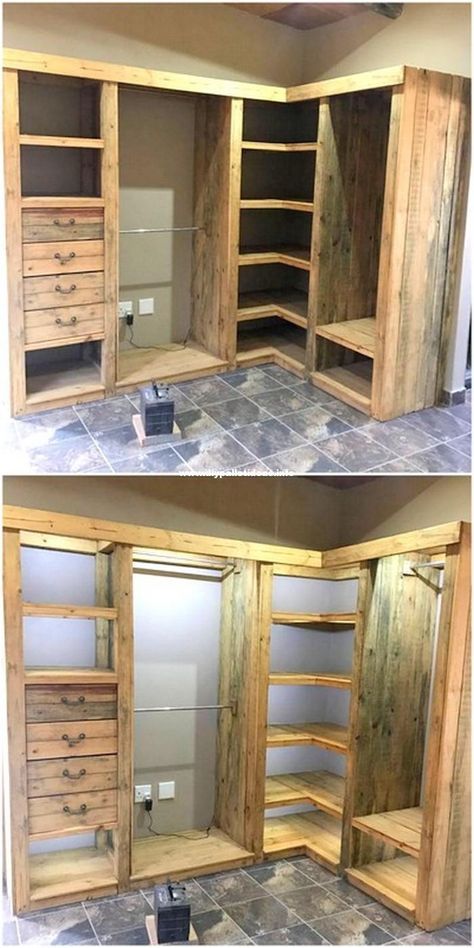 two pictures of the inside of a closet with drawers and shelves in it, one is empty