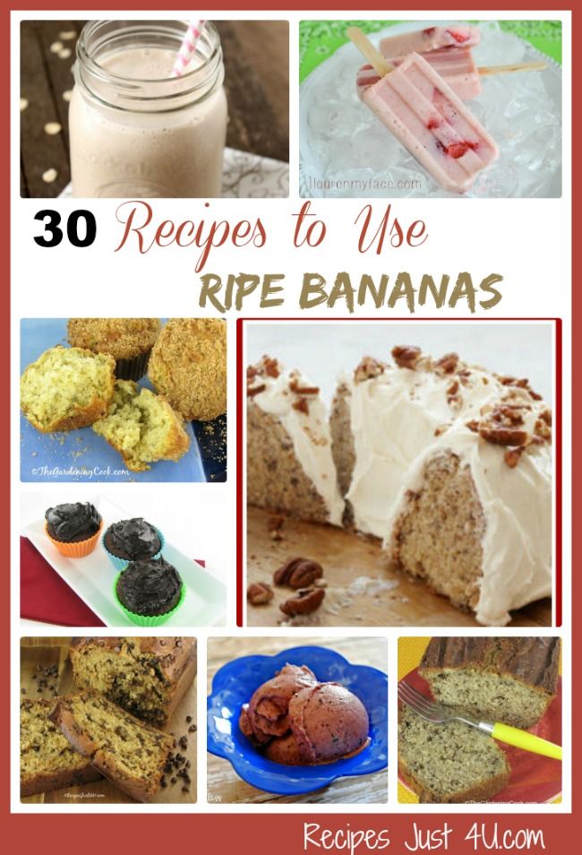 the cover of 30 recipes to use ripe bananas, with pictures of different desserts