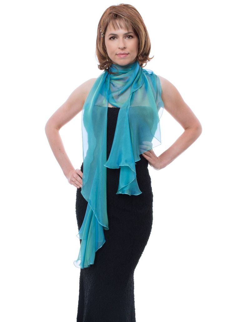 "This airy fluttering scarf, wrap in peacock (greenish-blue) color can jazz up your minimalist dress and give you beautiful feeling of feminine charm as well as give you enjoyable silken touch by covering your shoulders. Made with iridescent silk chiffon and goes from casual daytime to elegant evening wear. Use it as a shawl, wrap sash or as a head cover. DESIGN DESCRIPTION: Free-form, curved cut, fluttering edges. Signature curved cut of scarf top line creates beautiful soft drapes and keep sca Elegant Green Scarves For Summer, Elegant Green Summer Scarves, Elegant Blue Shawl For Spring, Elegant Silk Chiffon Scarves For Summer, Green Silk Scarf For Party, Elegant Silk Shawl Scarf For Summer, Elegant Evening Scarves For Spring, Elegant Silk Chiffon Scarf For Summer, Elegant Blue Shawl For Summer