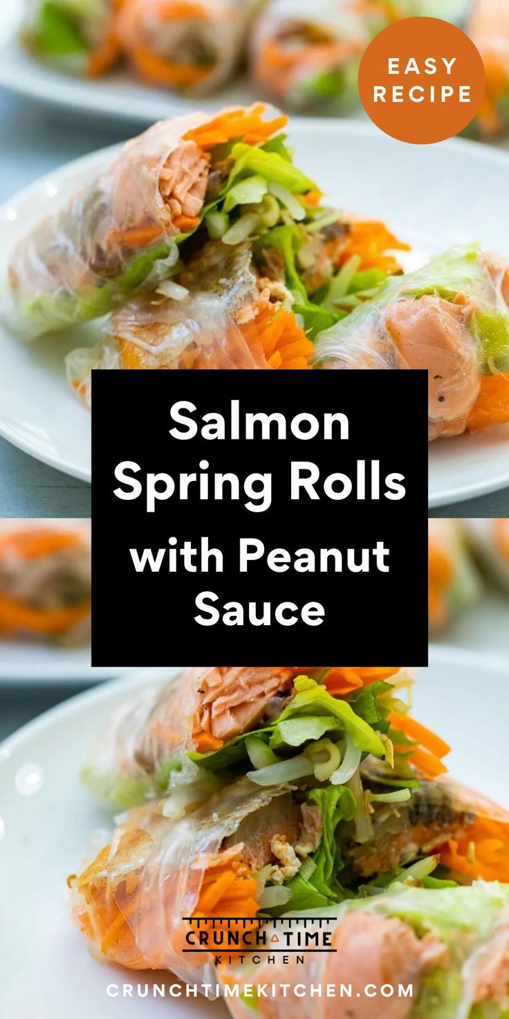 Salmon Spring Rolls. With Text Reading: Salmon Spring Rolls Recipe. Spring Rolls Recipe Rice Paper, Salmon Spring Roll Recipe, Easy Appetizers For Christmas, Salmon Spring Rolls, Rolls Rice Paper, Spring Roll Recipes, Easy Spring Rolls, Rice Paper Rolls Recipes, Rice Paper Spring Rolls