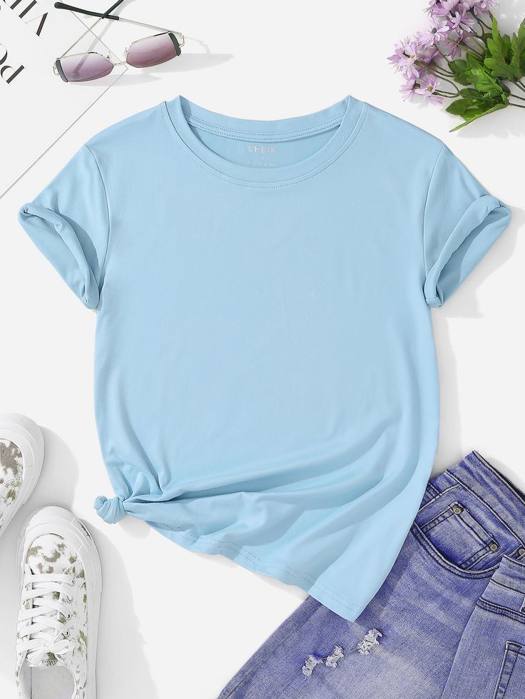 Shein T Shirts, Mock Up T Shirt, Baby Blue Shirt, Ankara Dress Designs, Tee Shirt Outfit, Blue Shirt Women, Glamour Dress, T Shirt Image, Round Neck Tees