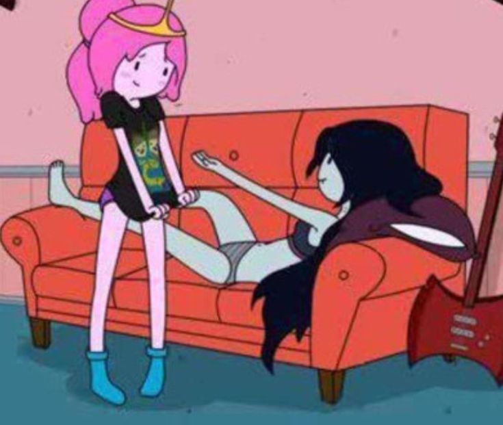 two cartoon characters are sitting on a couch and one is holding a guitar in her hand