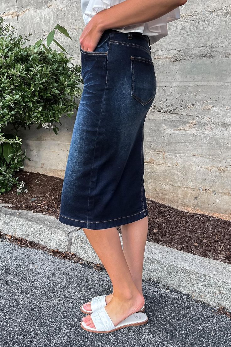 Apostolic Clothing, Girls Denim Skirts, Denim Skirts Knee Length, Elastic Waistband Skirt, Denim Hoodie, Cute Wedges, Office Skirt, Semi Casual, Blue Denim Skirt