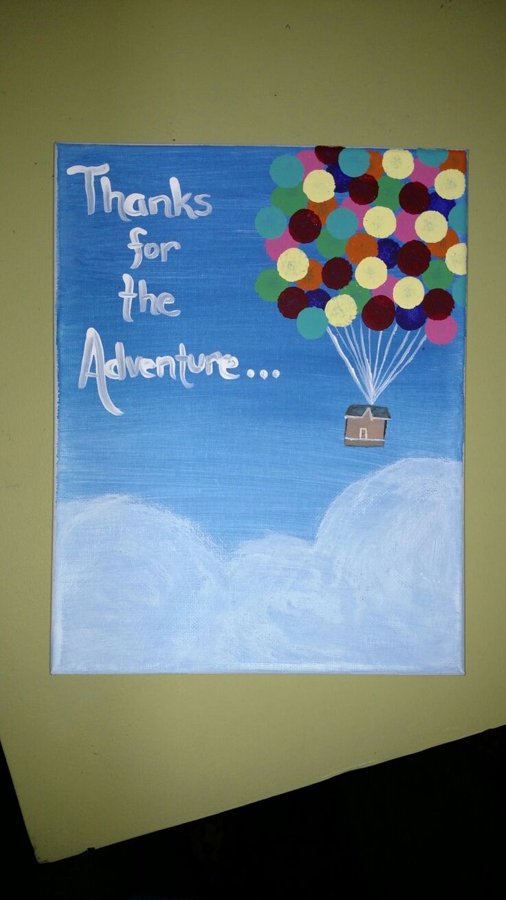 a painting on the wall that says thanks for the adventure with balloons floating in the sky