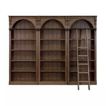 an old bookcase with three arched doors and two ladders