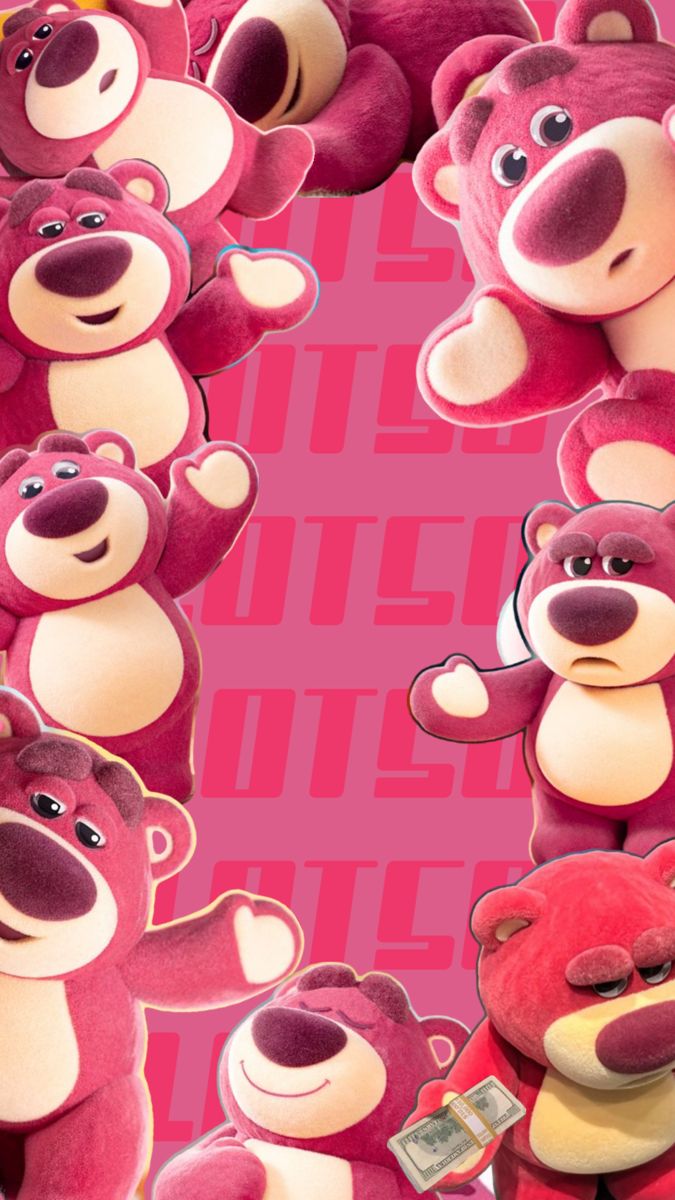 a group of teddy bears standing next to each other in front of a pink background