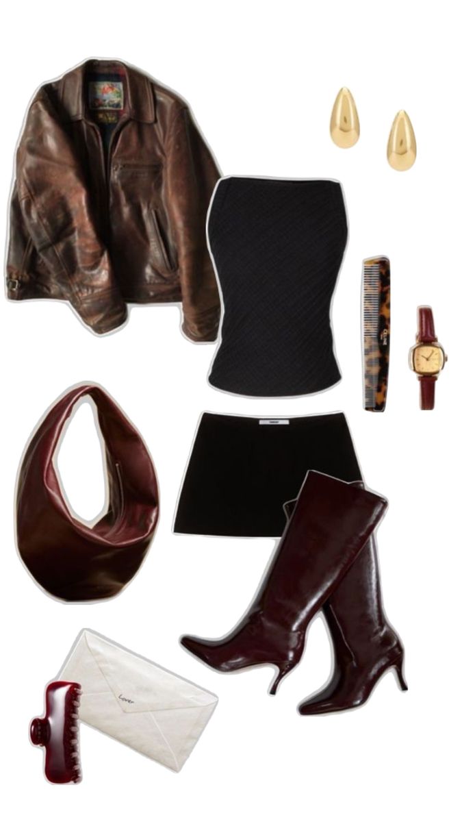 Leather jacket, brown jacket, brown leather jacket, top, tube top, boob tube, black top, black tube top, bandeau top, skirt, mini skirt, black mini skirt , boots, knee high boots, leather boots, red boots, bag, shoulder bag, handbag, brown bag, brown shoulder bag, watch, red watch, earrings, gold earrings, teardrop earrings, comb, claw grip, Outfit Ideas Night Out, Go Out Outfit Night, Girls Winter Outfits, Going Out Outfit, Teen Swag Outfits, Causal Outfits, Simple Trendy Outfits, Going Out Outfits, Edgy Outfits