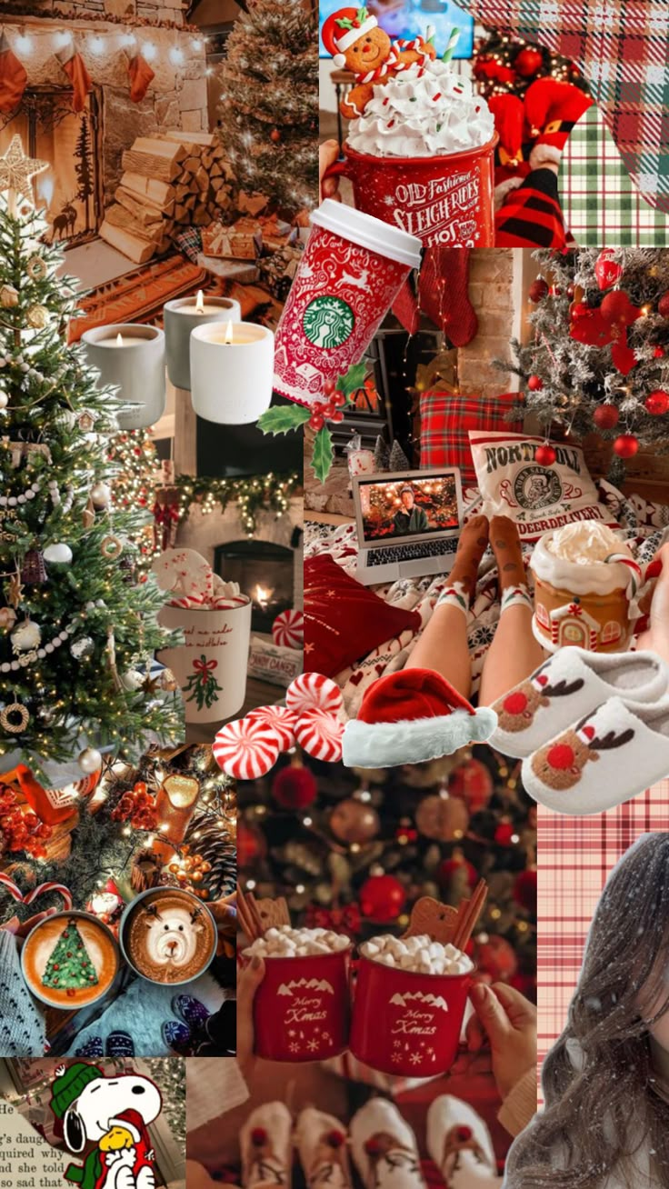 a collage of photos with christmas decorations and gifts on them, including coffee mugs