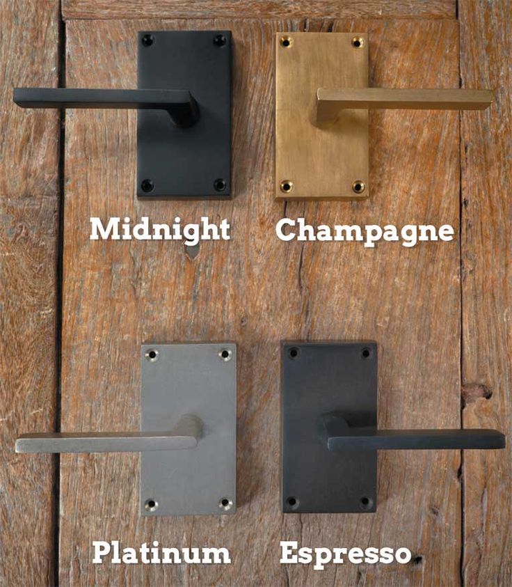 four different types of door handles on a wooden surface with the words midnight champagne, plain espresso and midnight champagne