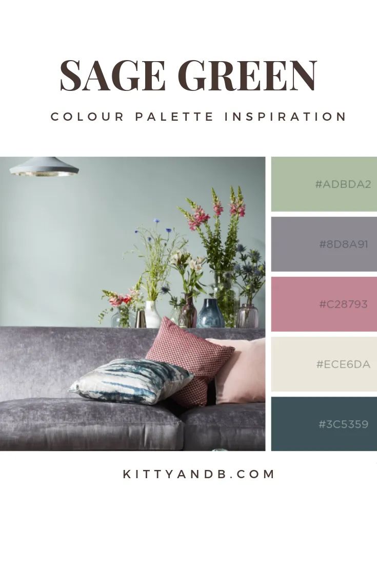 the sage green color palette is shown in shades of pink, blue and grey with text that reads sage green