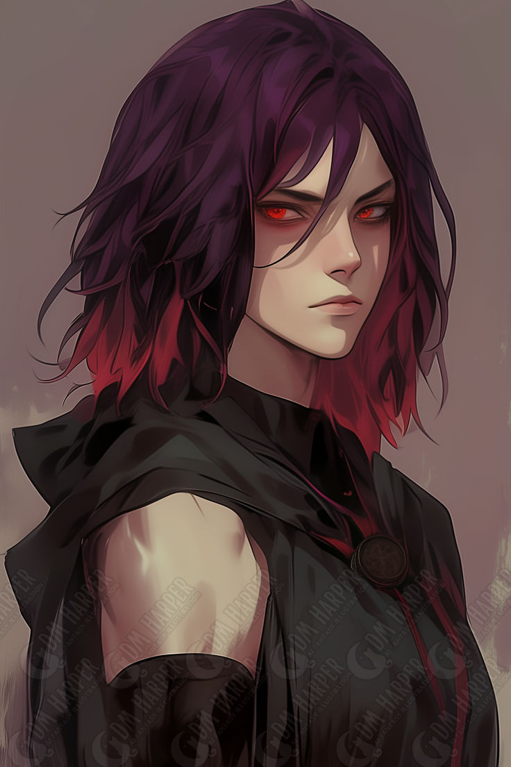 an anime character with red eyes and long hair, wearing black leather clothes in front of a