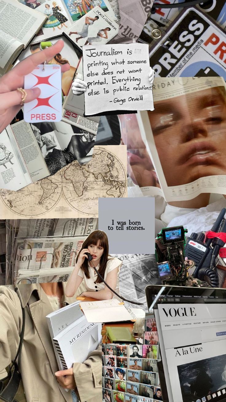 a collage of newspapers and photos with people holding cell phones in their hands, one woman talking on the phone