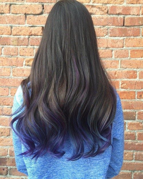 Long Dark Brown Hair With Purple Ends Blue Tips Hair, Dyed Ends Of Hair, Blue Brown Hair, Purple Brown Hair, Black Hair Ombre, Dipped Hair, Ombre Hairstyles, Dyed Tips, Hair Dye Tips