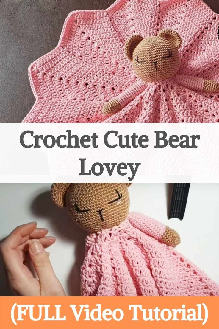 a crocheted teddy bear is sitting on top of a blanket with the words crochet cute bear lovey written below it