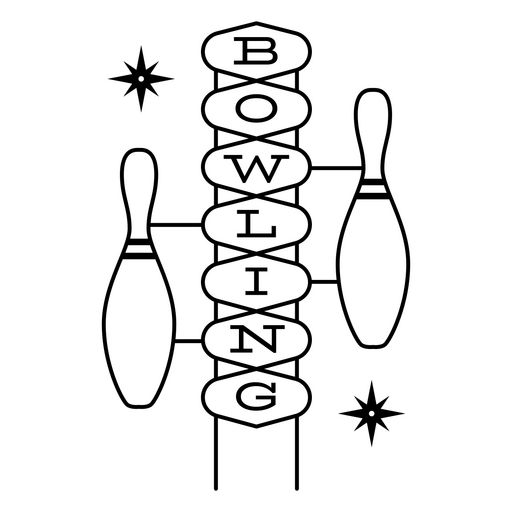 the word bowling is written in black and white on a stick with two bowling pins next to it