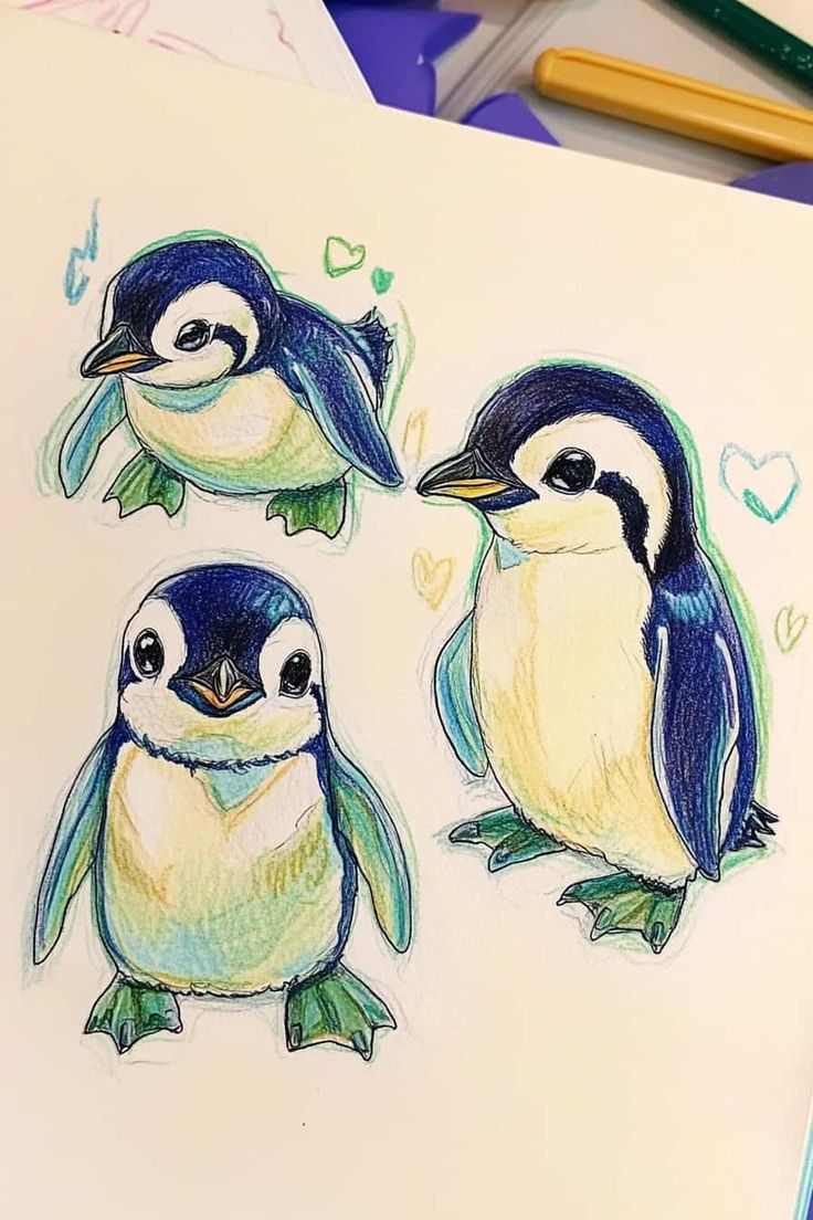 Drawing Ideas Colored Pencil Easy, Colored Pencil Doodles, Simple Art Ideas, Pencil Doodles, Penguin Drawing, Easy Animal Drawings, Realistic Sketch, Crayon Drawings, Eye Drawing Tutorials