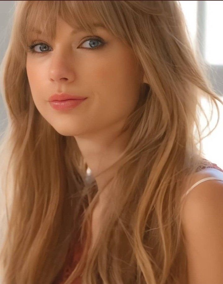 a close up of a person with long hair and blue eyes wearing a red shirt