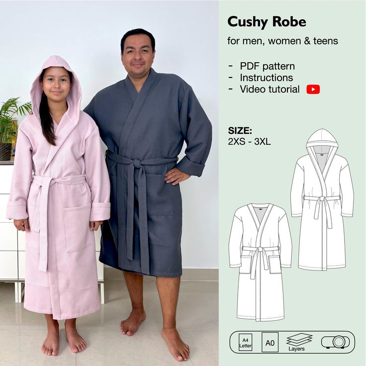 Cushy robe sewing pattern Bathrobe Sewing Pattern, Bathrobe Pattern, Different Necklines, Bath Robes For Women, Mode Kimono, Hooded Robe, Free Sewing, Kimono Fashion, Pdf Sewing Patterns