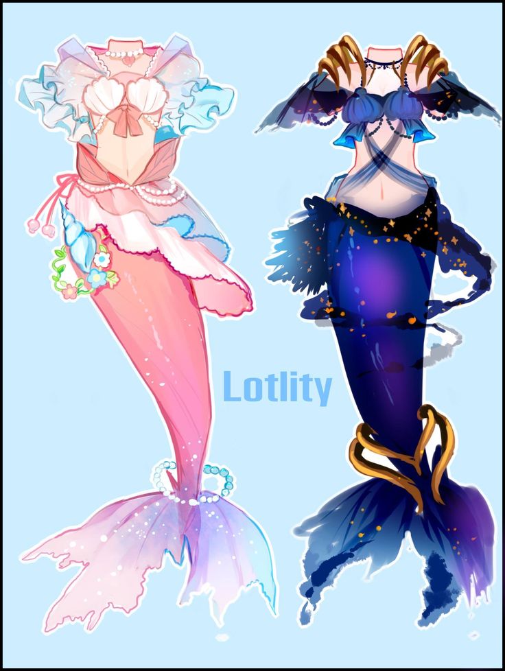 two mermaids are dressed in blue and pink, one is wearing an elaborate dress